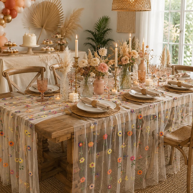 Chemin de table brodé floral en tulle marguerite multicolore 71x30 cm pour salle à manger