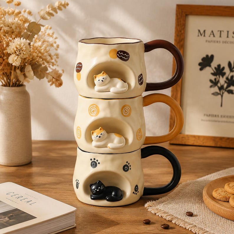 Tasse à café en céramique sur le thème du chat, mug artisanal pour amoureux des chats, tasse commémorative pour animaux de compagnie