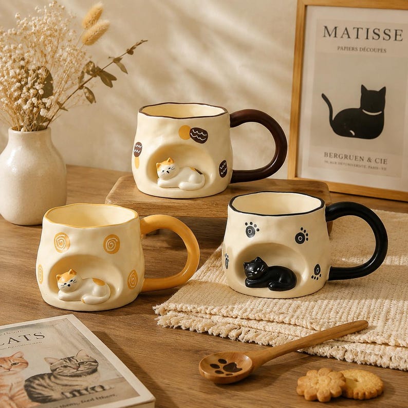 Tasse à café en céramique sur le thème du chat, mug artisanal pour amoureux des chats, tasse commémorative pour animaux de compagnie