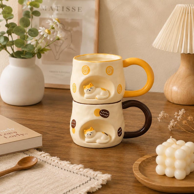 Tasse à café en céramique sur le thème du chat, mug artisanal pour amoureux des chats, tasse commémorative pour animaux de compagnie
