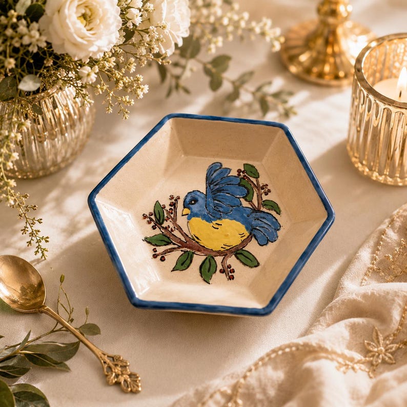 Coupelle céramique hexagonale faïence peint à la main décor oiseau 14 cm