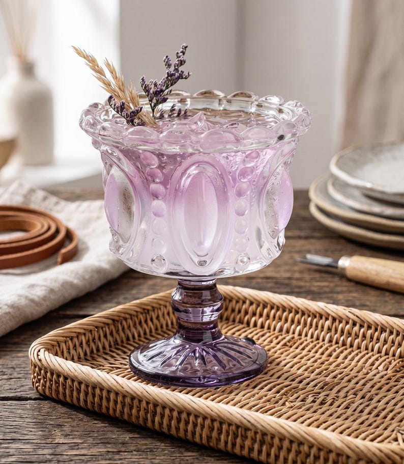 Ensemble de gobelets en verre violet vintage, bols à dessert en relief, tasses à lavande, décoration cottagecore
