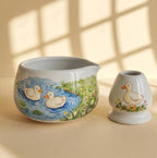 Bol à matcha Katakuchi Chawan avec bec verseur et porte-fouet - Service à thé en céramique décoré d'un canard peint à la main