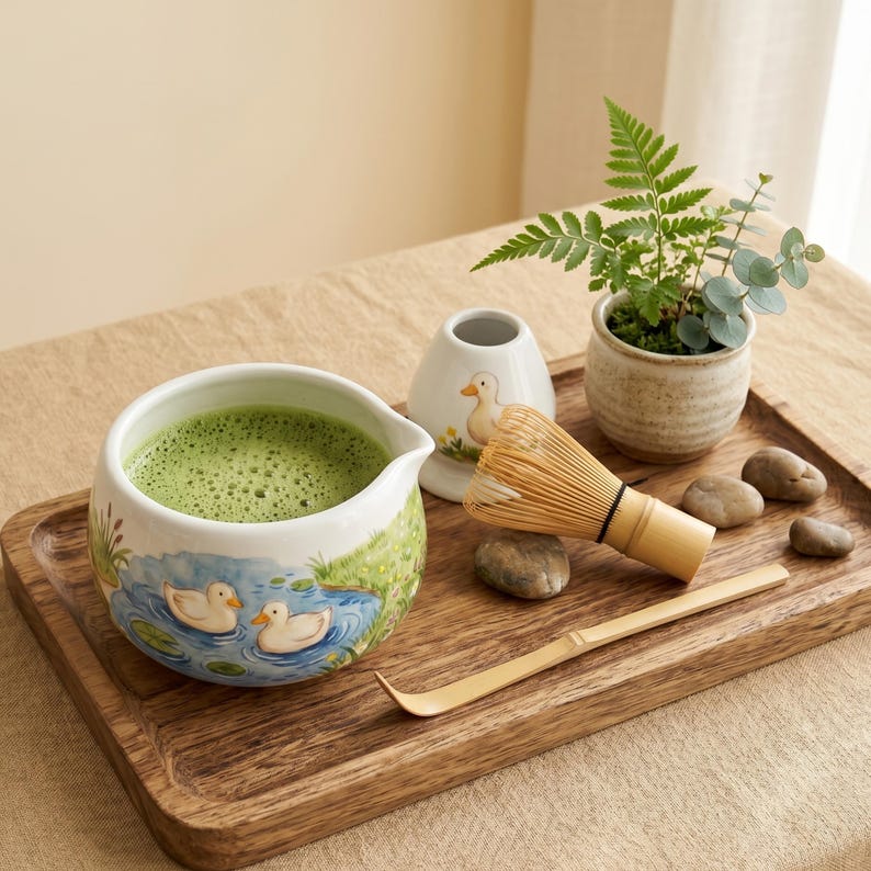 Bol à matcha Katakuchi Chawan avec bec verseur et porte-fouet - Service à thé en céramique décoré d'un canard peint à la main