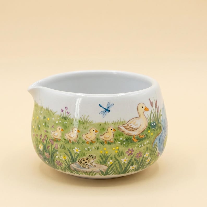 Bol à matcha Katakuchi Chawan avec bec verseur et porte-fouet - Service à thé en céramique décoré d'un canard peint à la main