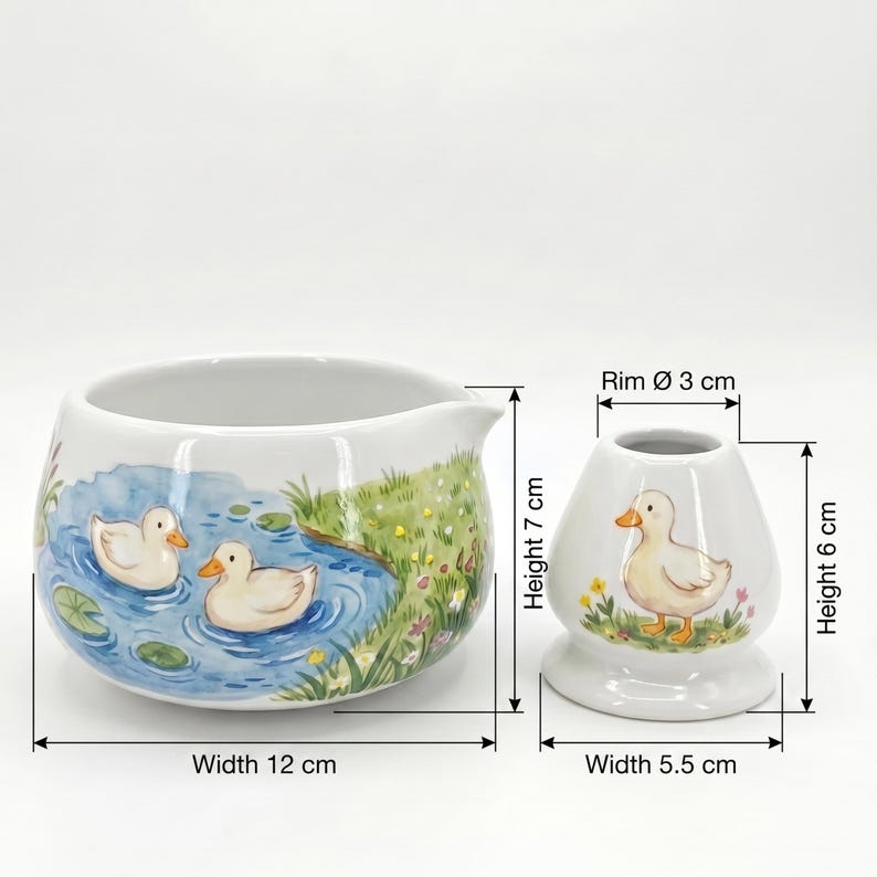 Bol à matcha Katakuchi Chawan avec bec verseur et porte-fouet - Service à thé en céramique décoré d'un canard peint à la main