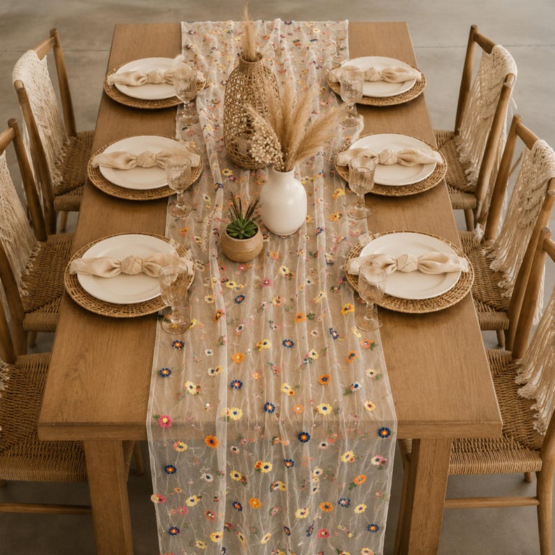 Chemin de table brodé floral en tulle marguerite multicolore 71x30 cm pour salle à manger