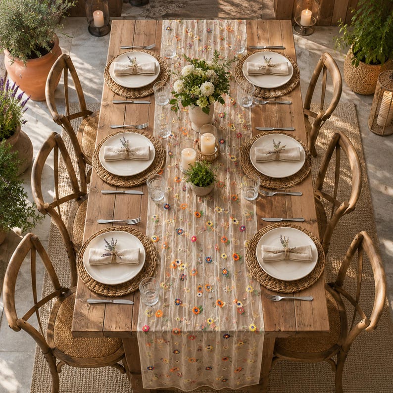 Chemin de table brodé floral en tulle marguerite multicolore 71x30 cm pour salle à manger