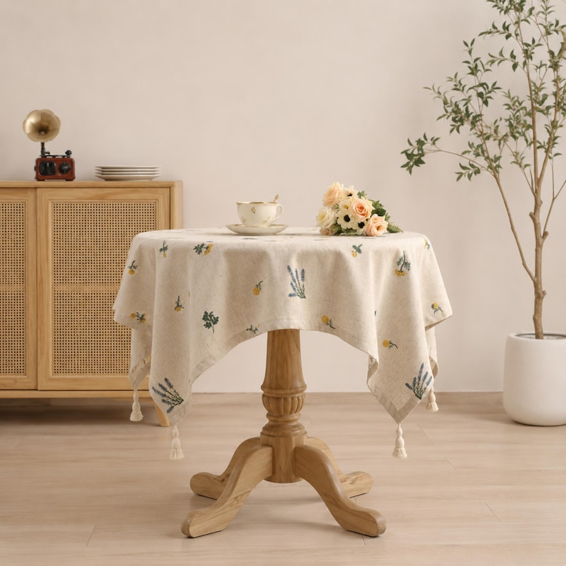 Nappe en lin carrée avec broderie blé, 60x60 cm et 90x90 cm, 100% lin lavé doux