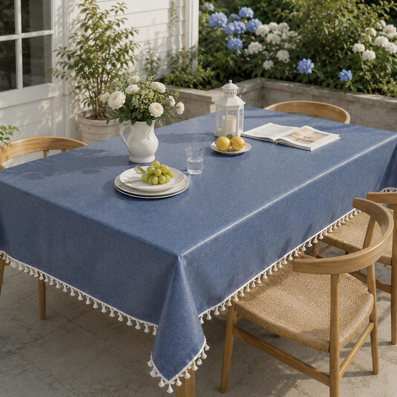 Nappe d'extérieur imperméable bleu poudré, rectangulaire lavable, style toile cirée, tailles surdimensionnées