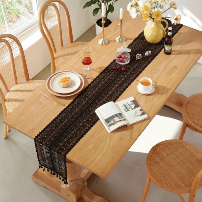 Chemin de table à franges en dentelle coton, décor vintage ferme avec glands