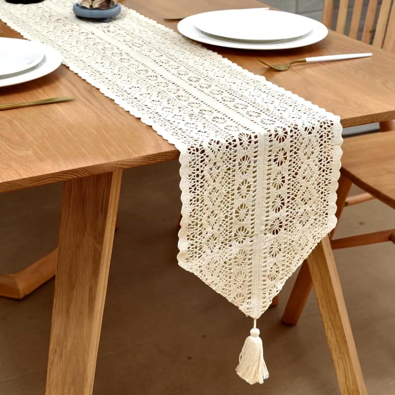 Chemin de table à franges en dentelle coton, décor vintage ferme avec glands