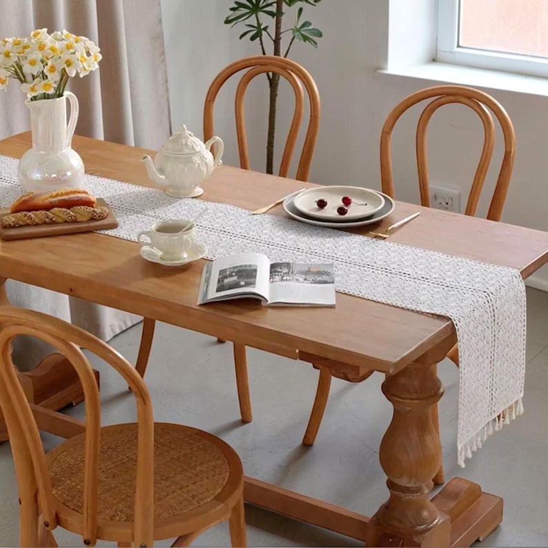 Chemin de table à franges en dentelle coton, décor vintage ferme avec glands