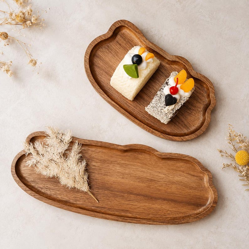Plateau de service japonais en bois massif, plateau à thé, assiette à dessert Japandi, planche à pain, plateau de décoration minimaliste