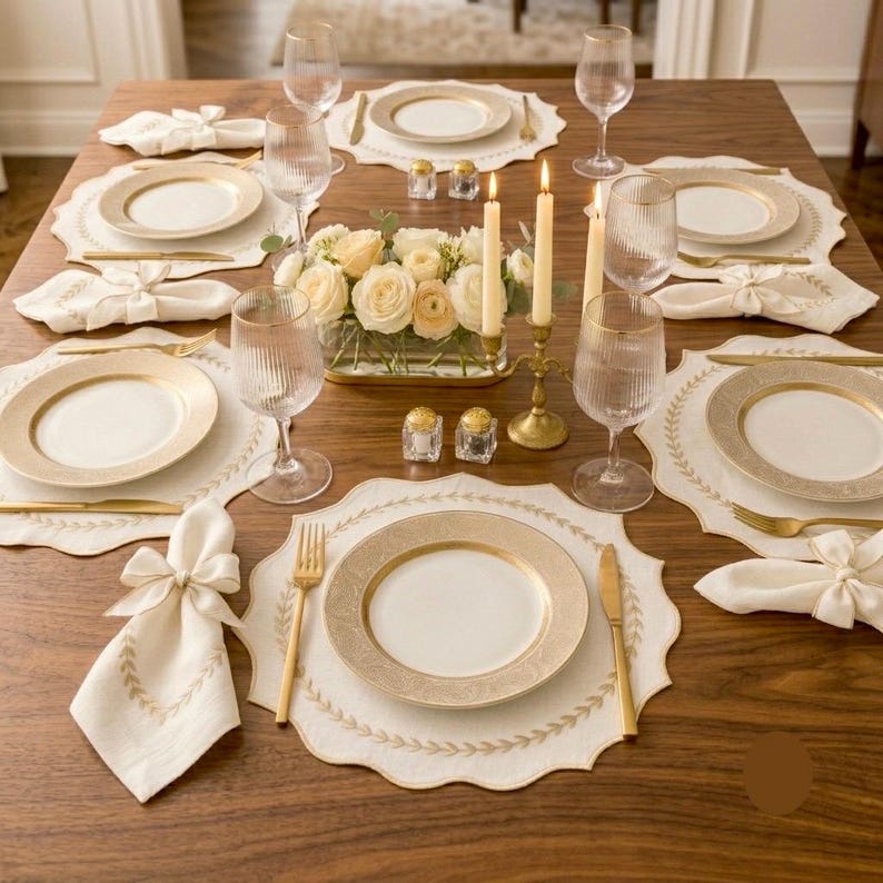 Ensemble de 6 sets de table en lin brodés écru avec détails de feuille d'or 36 cm