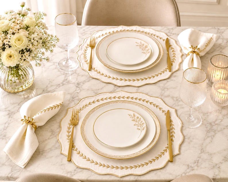 Ensemble de 6 sets de table en lin brodés écru avec détails de feuille d'or 36 cm