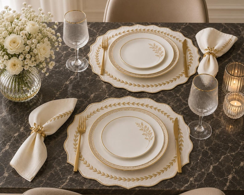 Ensemble de 6 sets de table en lin brodés écru avec détails de feuille d'or 36 cm