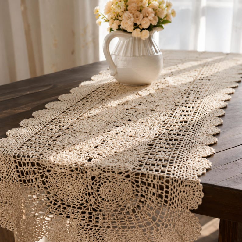Chemin de table au crochet en coton 100% beige, tapis de table ovale bohème, décoration de salle à manger ferme