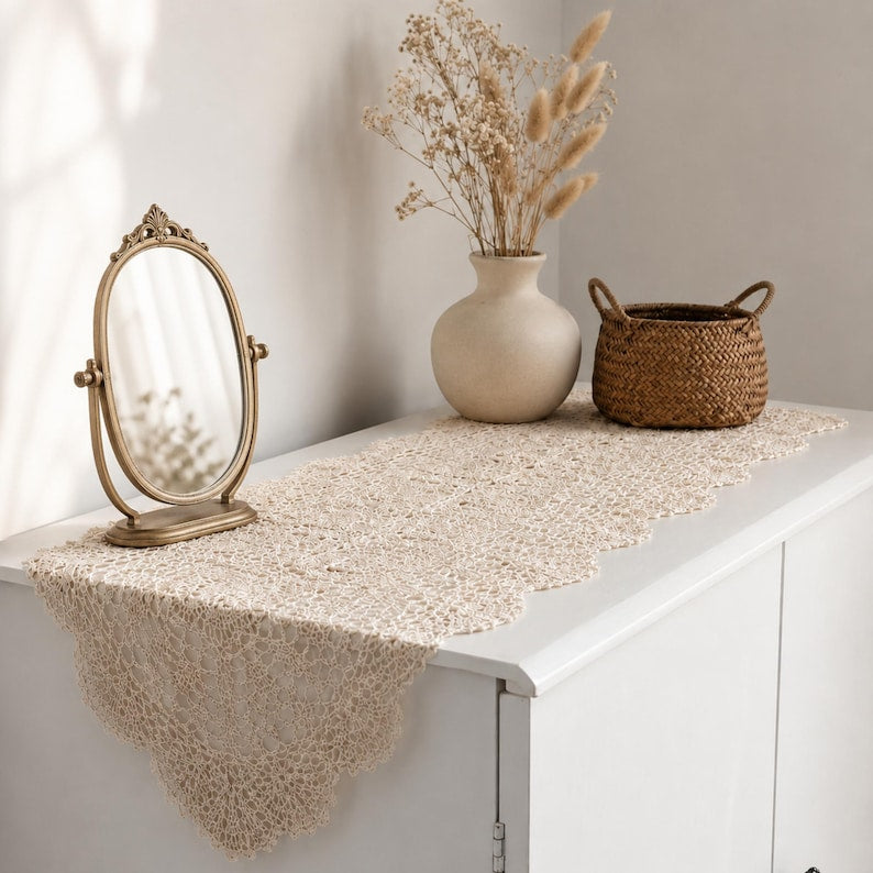 Chemin de table au crochet en coton 100% beige, tapis de table ovale bohème, décoration de salle à manger ferme