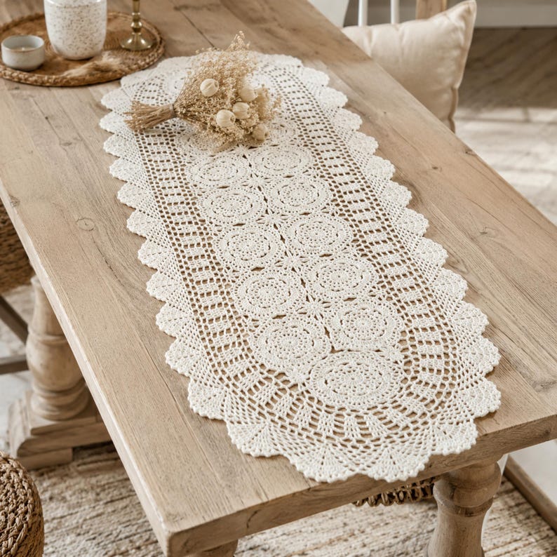 Chemin de table au crochet en coton 100% beige, tapis de table ovale bohème, décoration de salle à manger ferme