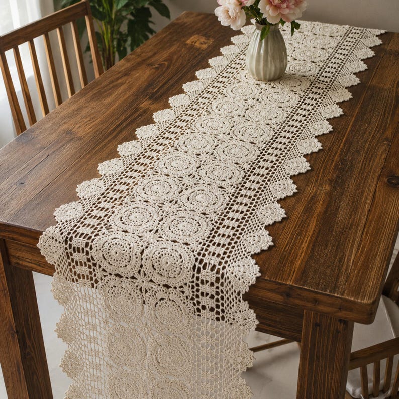 Chemin de table au crochet en coton 100% beige, tapis de table ovale bohème, décoration de salle à manger ferme