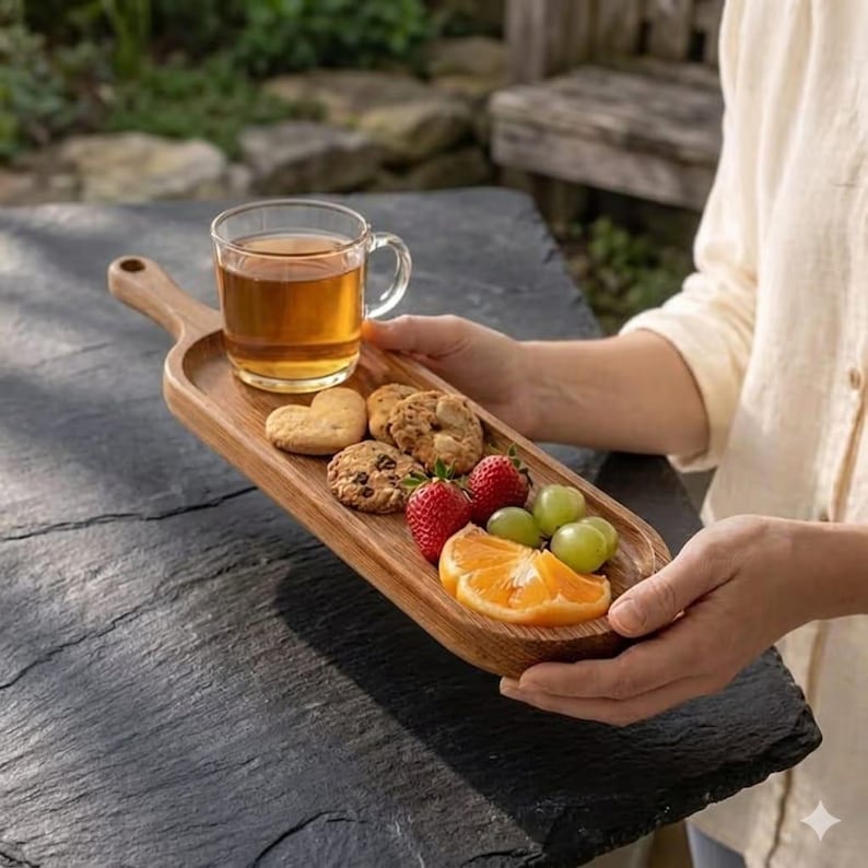 Plateau de service en bois massif avec poignée - Planche à charcuterie rustique 34 x 11 cm