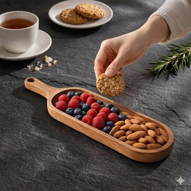 Plateau de service en bois massif avec poignée - Planche à charcuterie rustique 34 x 11 cm