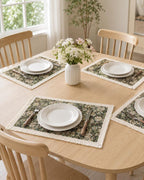 Set de table tissé floral vert 30x45 cm avec franges, textile de cuisine cottage