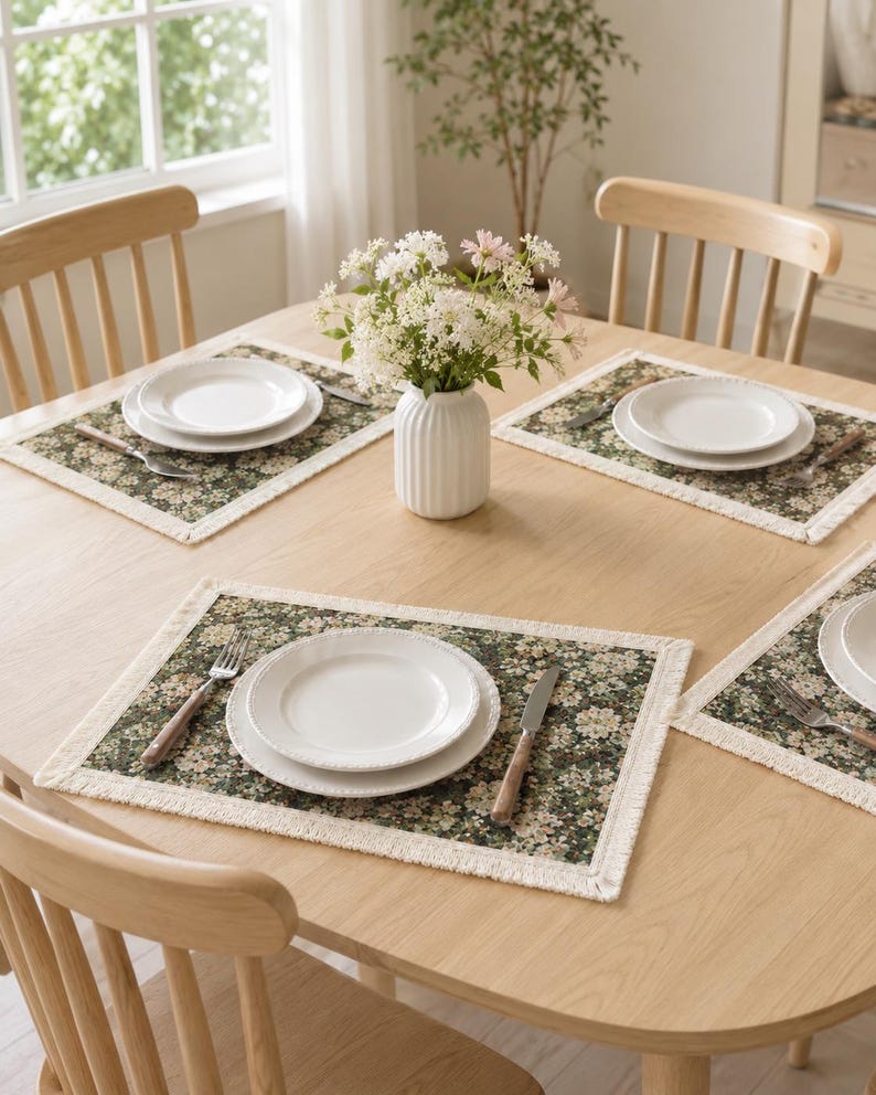 Set de table tissé floral vert 30x45 cm avec franges, textile de cuisine cottage