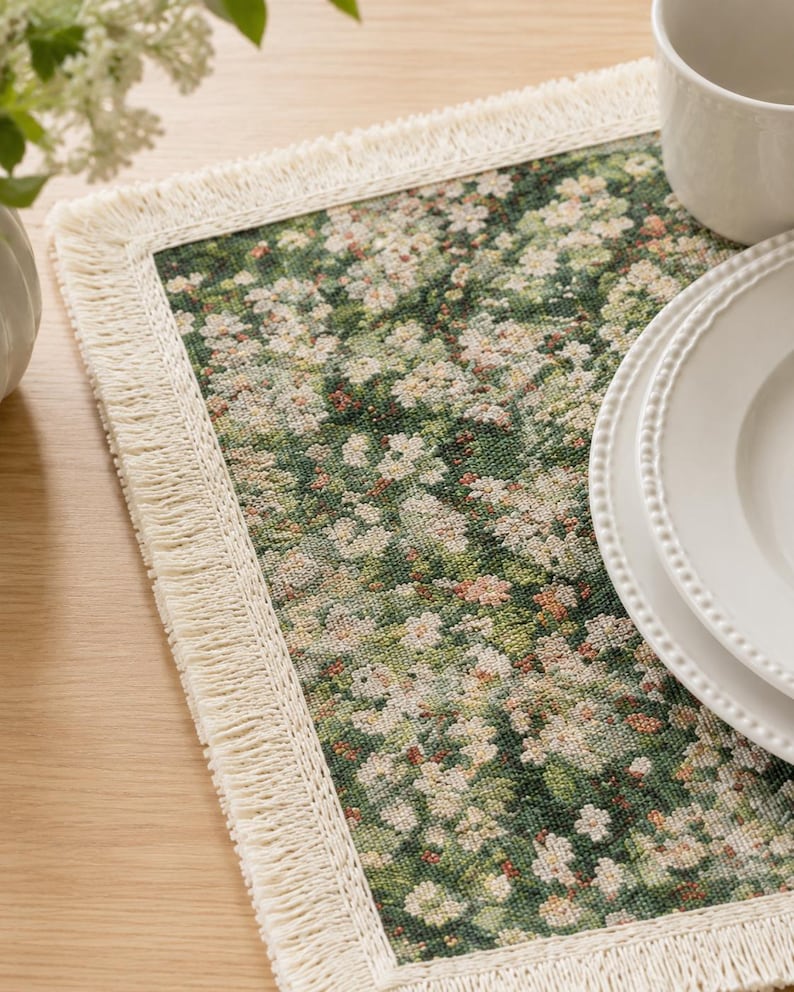 Set de table tissé floral vert 30x45 cm avec franges, textile de cuisine cottage
