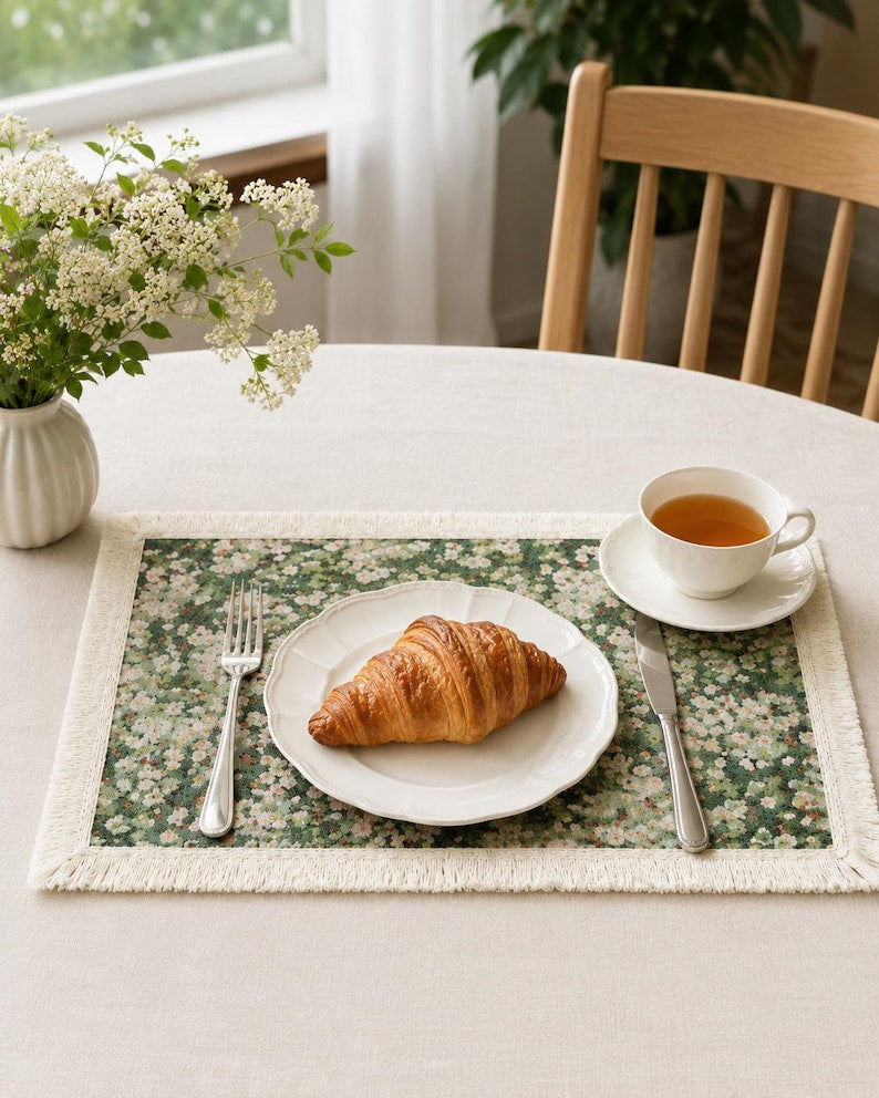 Set de table tissé floral vert 30x45 cm avec franges, textile de cuisine cottage