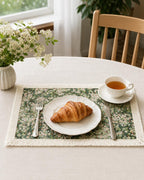 Set de table tissé floral vert 30x45 cm avec franges, textile de cuisine cottage