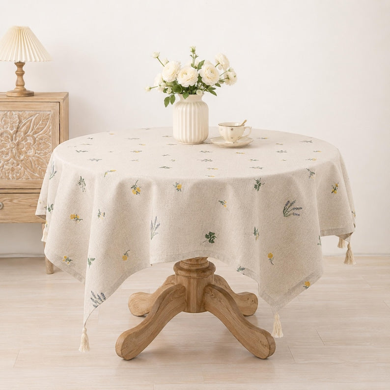 Nappe en lin carrée avec broderie blé, 60x60 cm et 90x90 cm, 100% lin lavé doux