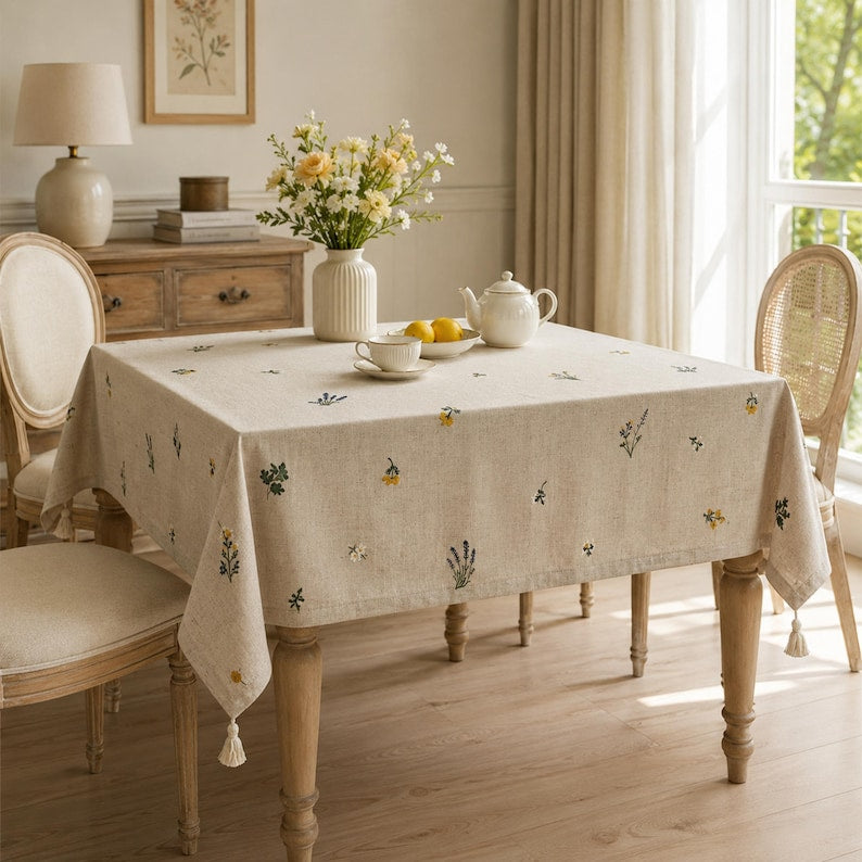 Nappe en lin carrée avec broderie blé, 60x60 cm et 90x90 cm, 100% lin lavé doux