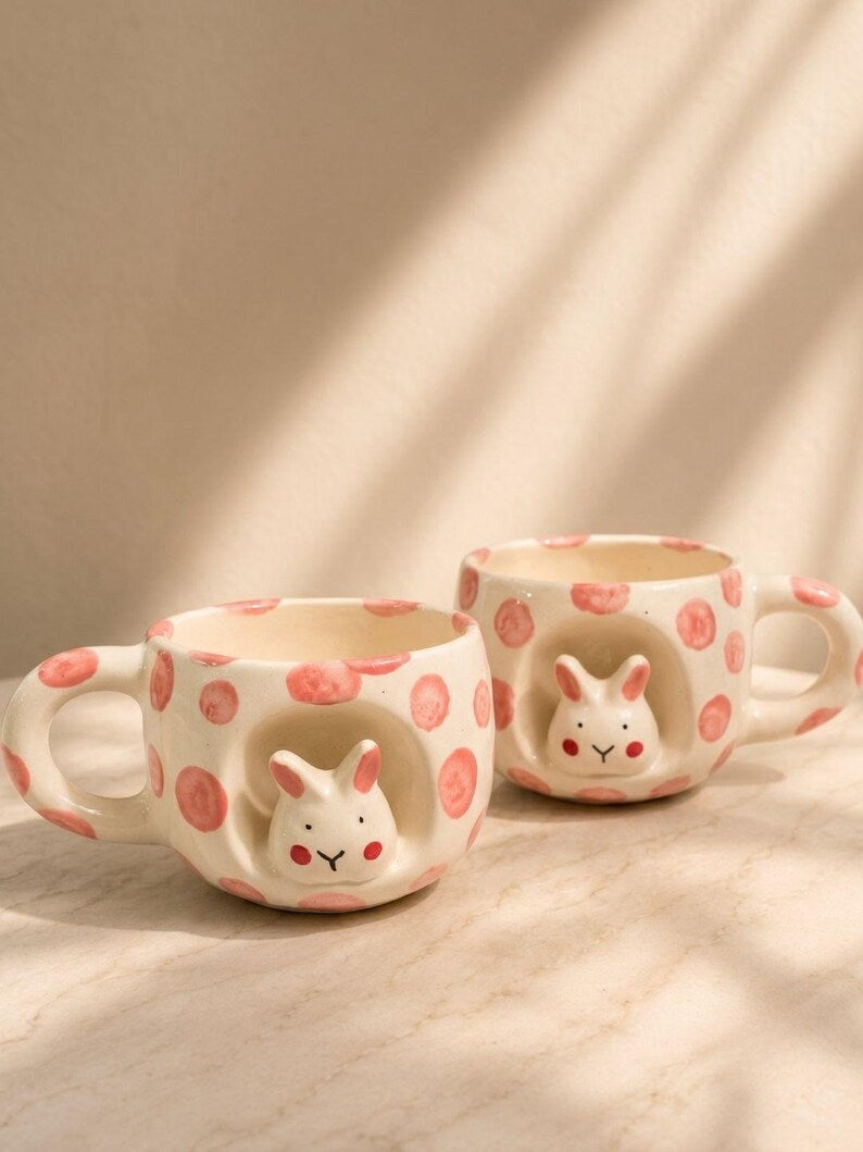 Mug en céramique lapin avec pois roses tasse à café 250-300 ml