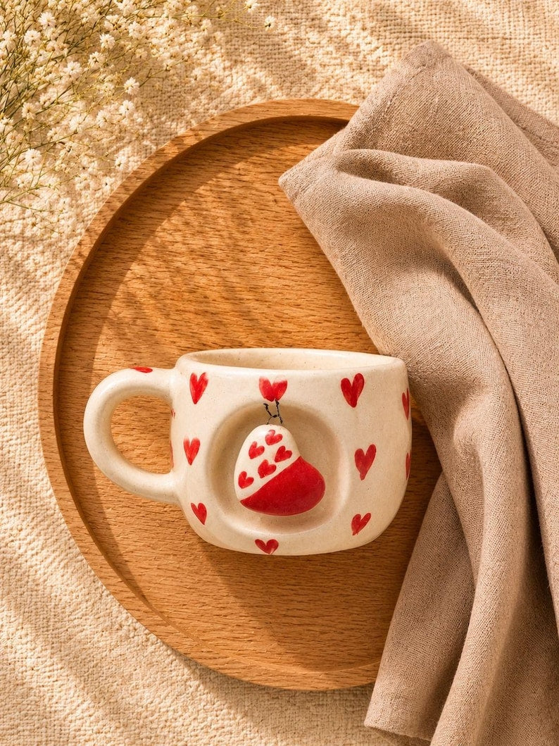 Tasse à breloques coeur en céramique grès ivoire – Motif coeurs rouges peints à la main