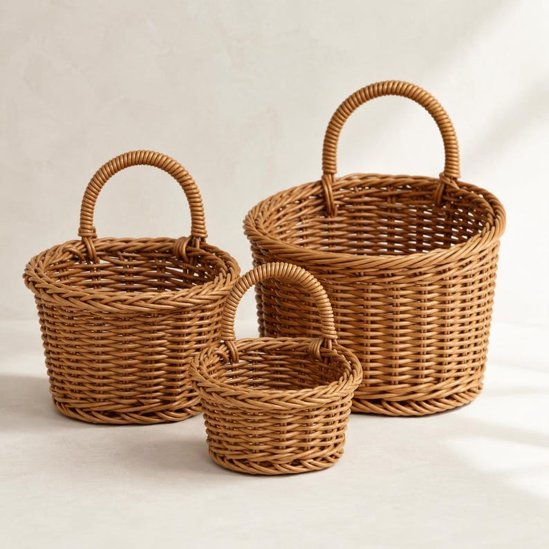 Ensemble de 3 paniers suspendus en rotin, rangement mural en osier, style rustique