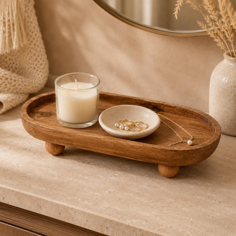 Plateaux en bois avec pieds, petits plateaux décoratifs en bois