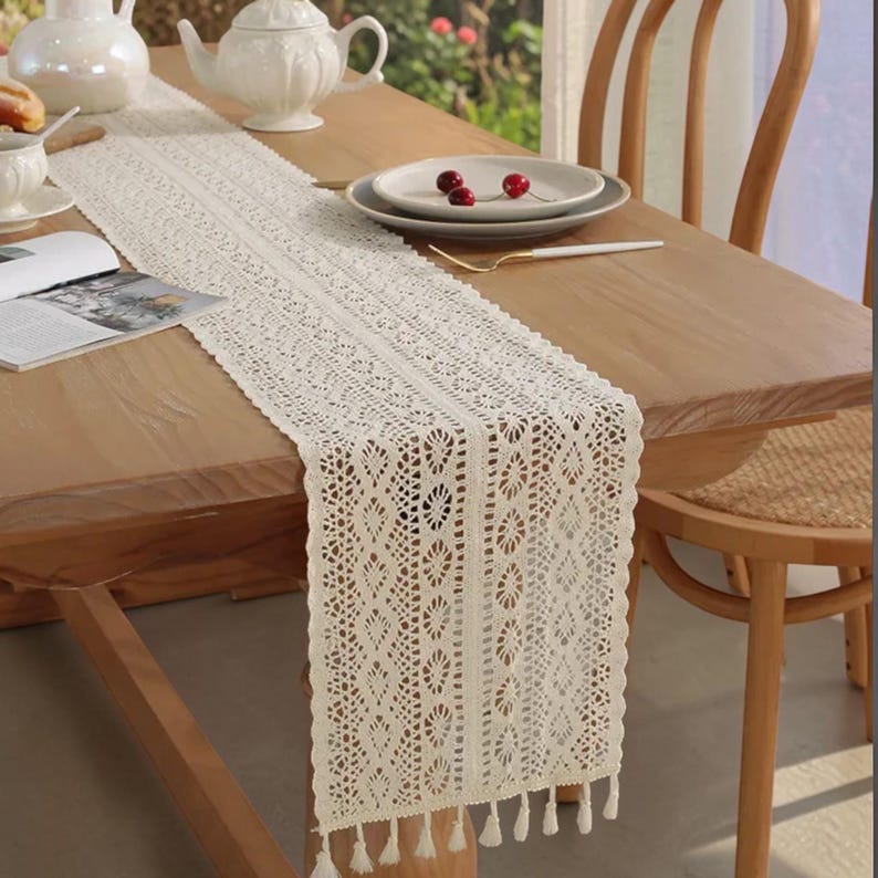 Chemin de table à franges en dentelle coton, décor vintage ferme avec glands