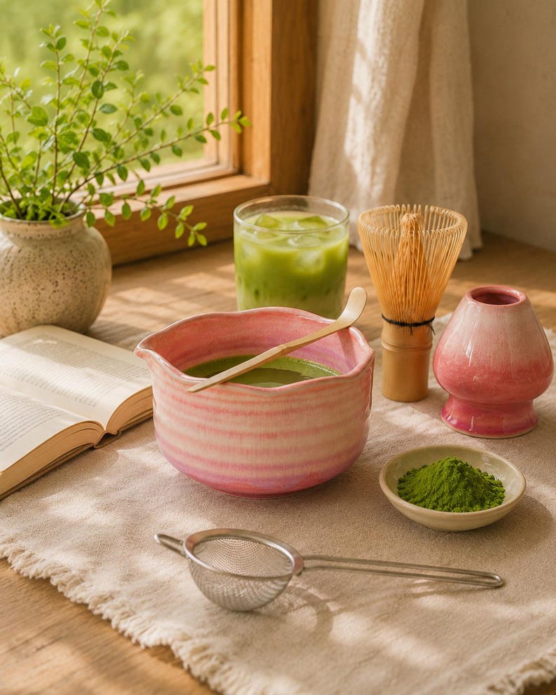 Bol à matcha lavande brumeux avec porte-cuillère et accessoires en céramique faits main, 400 ml