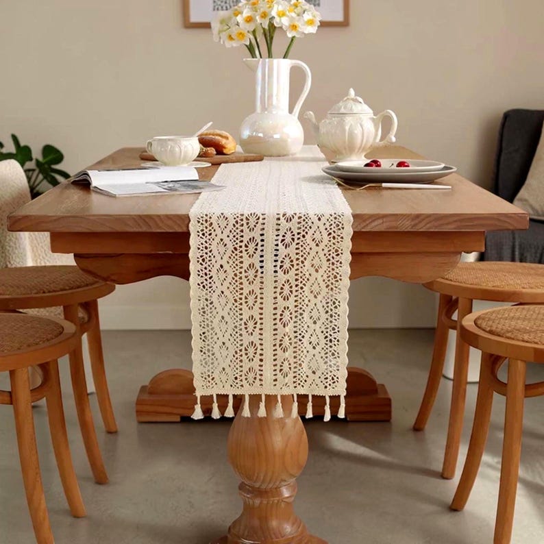 Chemin de table à franges en dentelle coton, décor vintage ferme avec glands