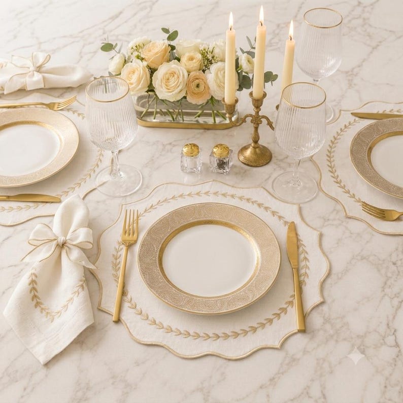 Ensemble de 6 sets de table en lin brodés écru avec détails de feuille d'or 36 cm