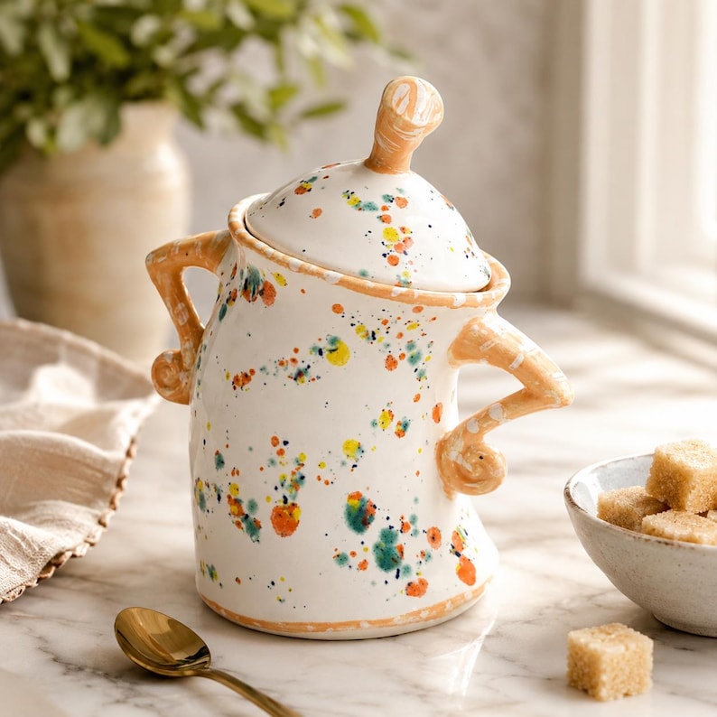 Sucrier en céramique avec couvercle, boîte de rangement de cuisine à glaçure mouchetée, pot à sucre de style fermier pour café et thé