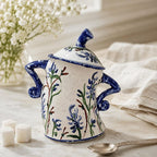 Sucrier en céramique bleue avec couvercle, poterie à motifs floraux peints à la main pour plan de travail de cuisine