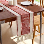 Chemin de table rayé vert nordique bohème avec glands, polyester