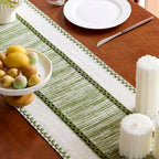 Chemin de table rayé vert nordique bohème avec glands, polyester