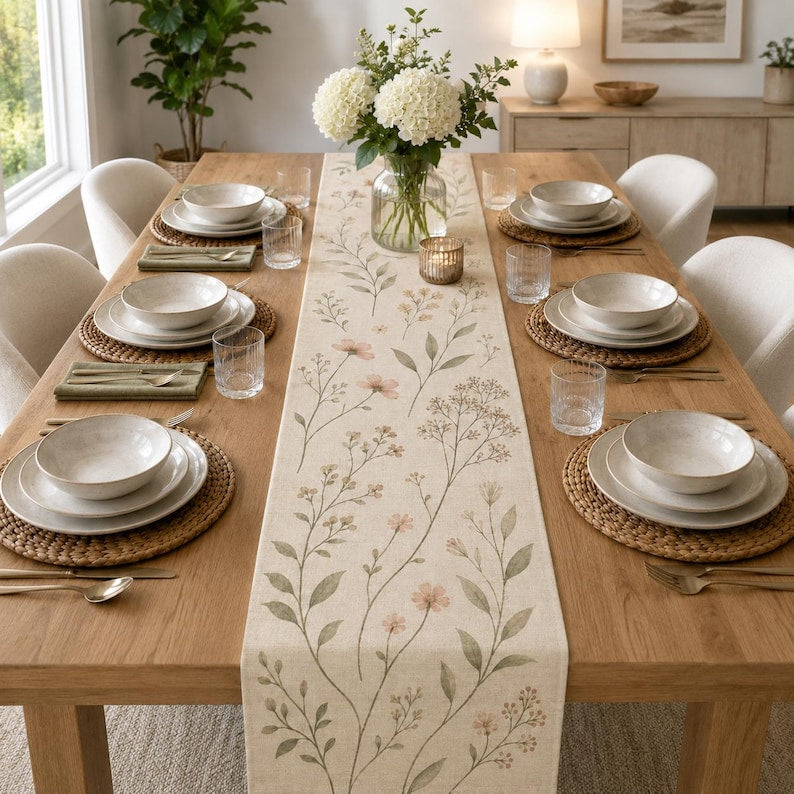 Chemin de table matelassé botanique fleurs sauvages coton lin , décoration table ferme florale