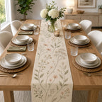 Chemin de table matelassé botanique fleurs sauvages coton lin , décoration table ferme florale