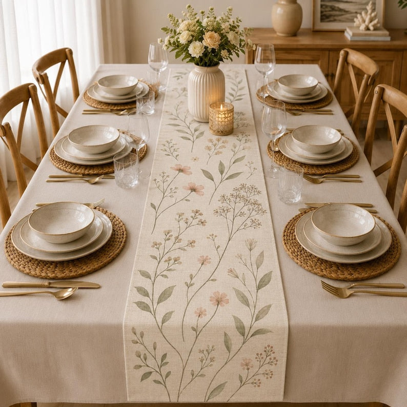 Chemin de table matelassé botanique fleurs sauvages coton lin , décoration table ferme florale