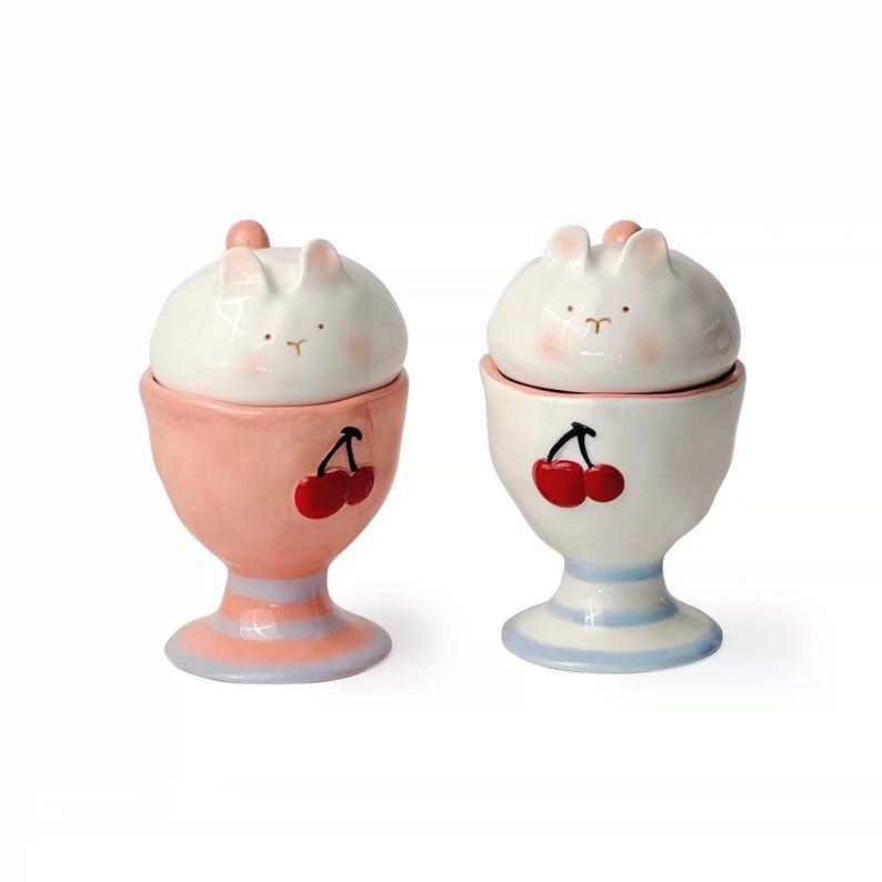 Tasse en céramique en forme de lapin avec couvercle et base à pied, 260 ml, blanc/rose